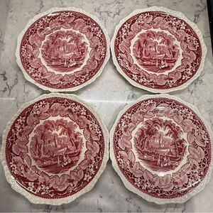 Mason pink vista Red and White ironstone antique Plates Set 4 dinner plates